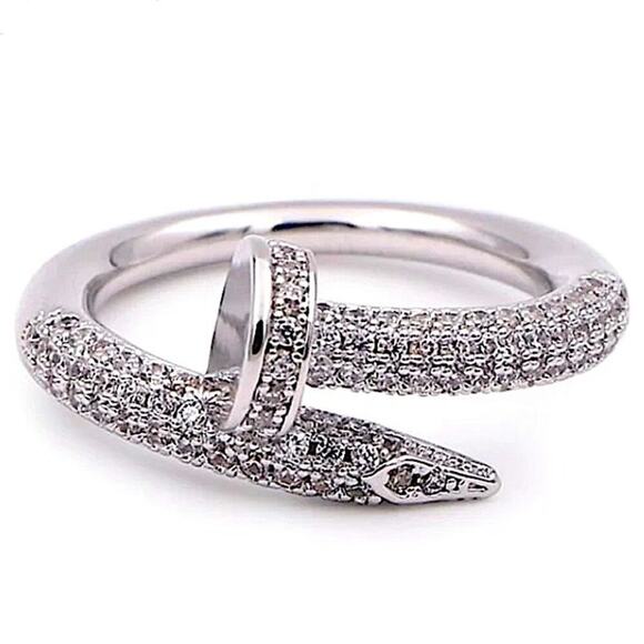 Silver Cubic Zircon Nail Screw Ring - Picture 1 of 11
